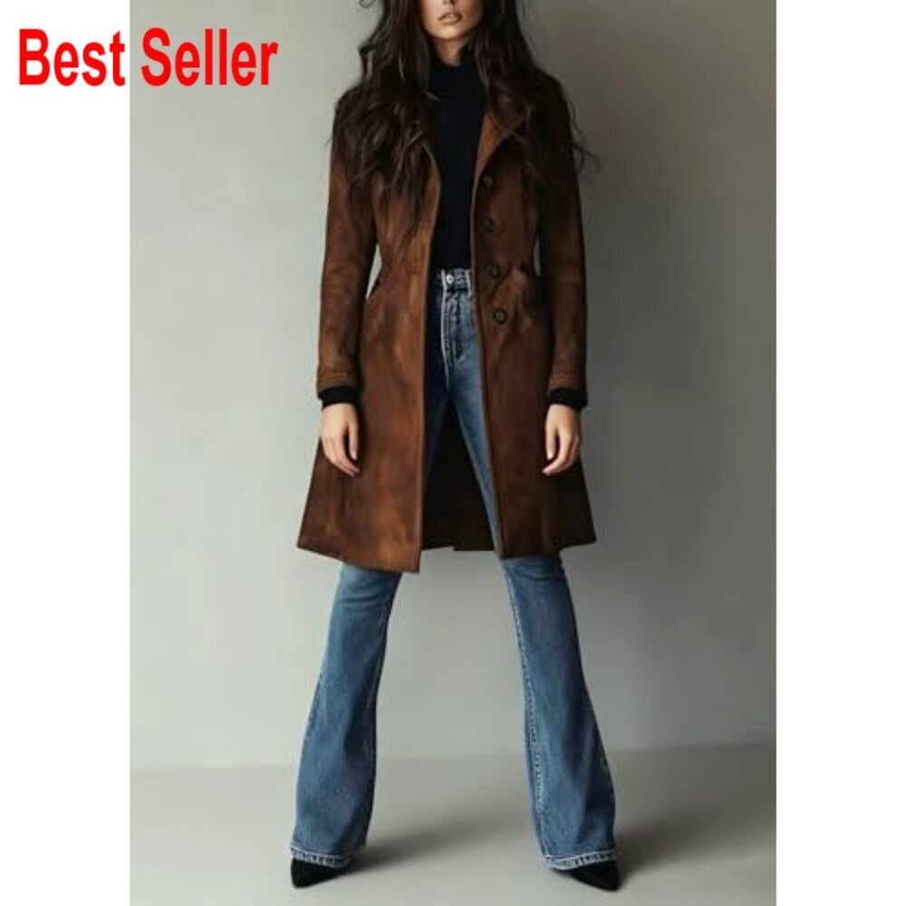 Faux Suede Trench Coat Classic Slim Fit Elegant Long Overcoat with Pockets - Picture 6 of 7